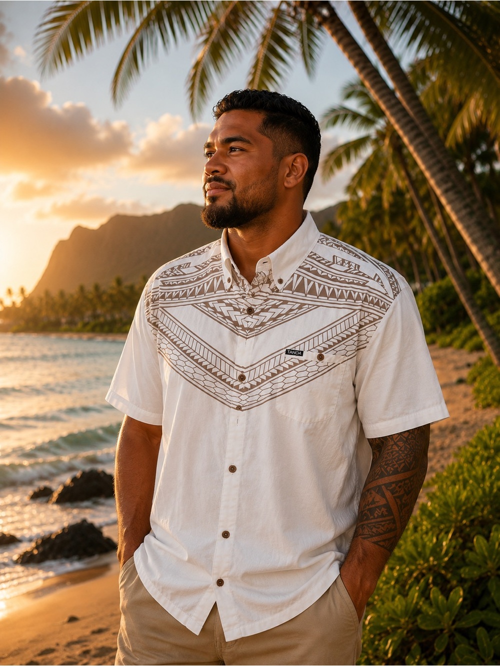 Tanoa - Men's Short-Sleeve Printed Aloha Shirt - White with Taupe Tribal Pattern